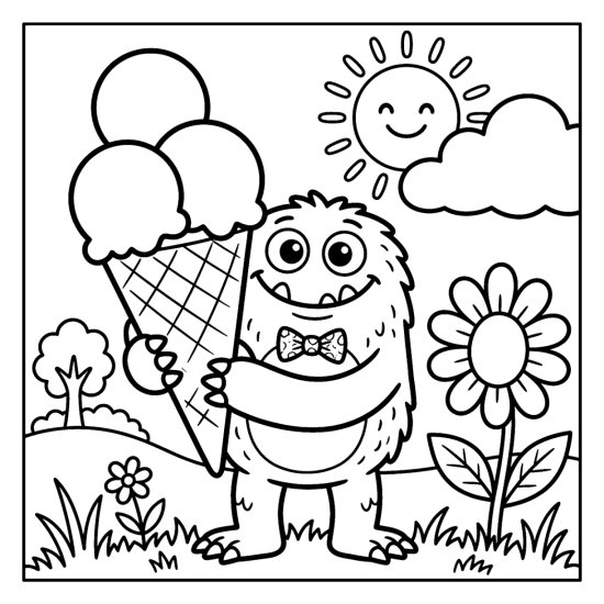 A monster holds a giant three scoop ice cream cone beside a flower and sun coloring page