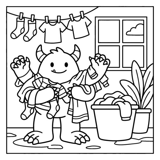 A monster gets tangled in laundry beside a basket and a clothesline of socks, bold and easy