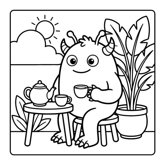 A monster sits at a tiny tea table with a teapot and cups near a potted plant, bold and easy
