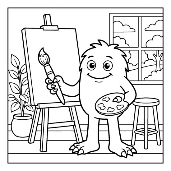 A monster paints at an easel holding a brush and palette near a bright window coloring sheet