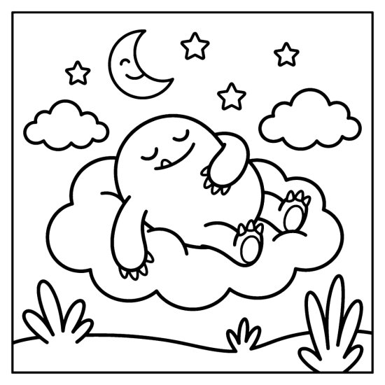 A round monster naps on a fluffy cloud among clouds a crescent moon and stars, bold and easy