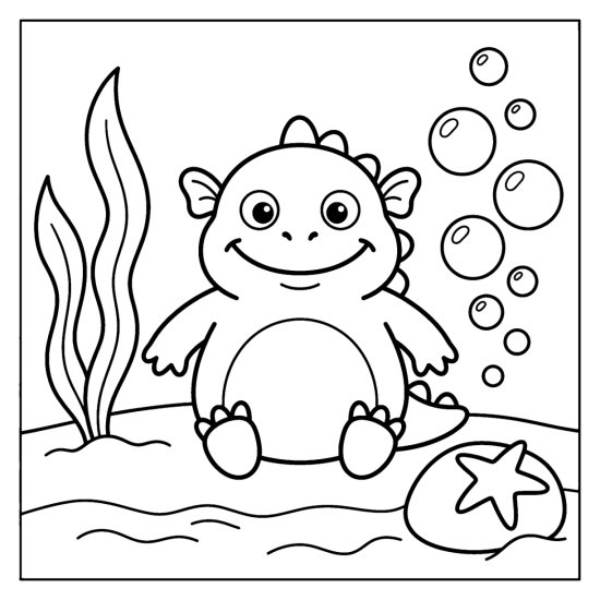 A smiling sea monster sits on the ocean floor with seaweed and floating bubbles coloring sheet