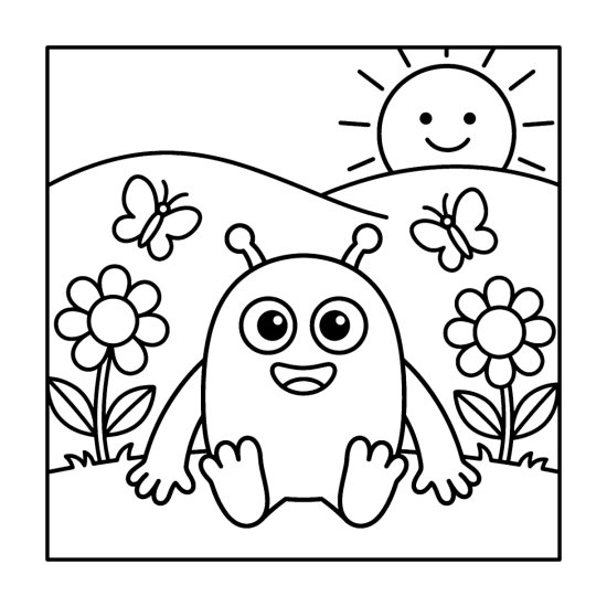 A little antennaed monster sits in a field of big flowers with butterflies and sun, bold and easy