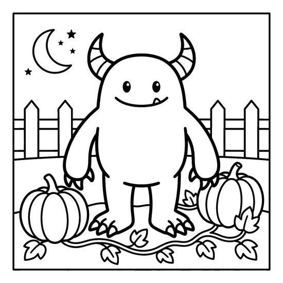 A horned monster stands in a pumpkin patch with two round pumpkins and a fence coloring page