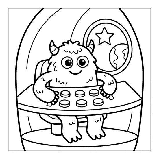 A monster sits inside a rocket looking out a round window at a star and planet, bold and easy