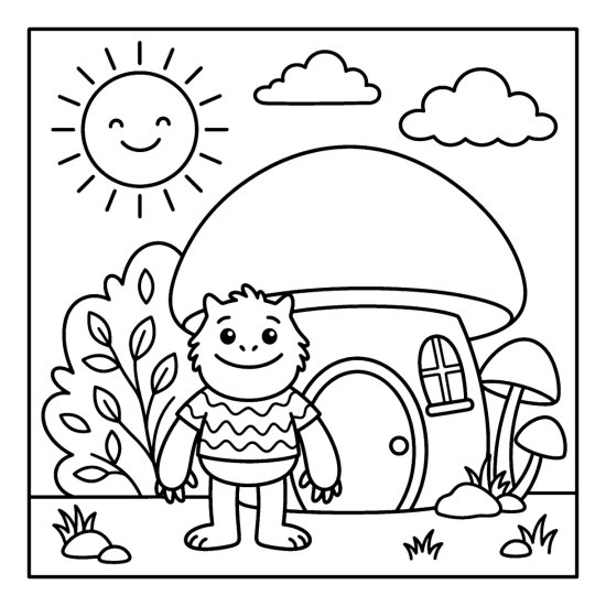 A monster in a sweater stands before a round mushroom house with small mushrooms, bold and easy