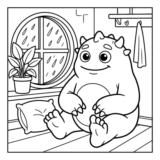 A monster sits by a round window watching raindrops beside a potted plant and cushion coloring sheet