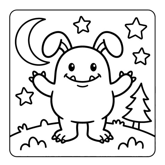 A floppy eared monster stands on a grassy hill under a crescent moon and stars, bold and easy