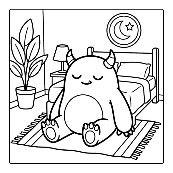A sleepy horned monster rests on a rug in a bedroom with a round moon window, bold and easy