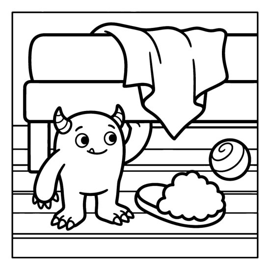 A shy monster peeks out from under a bed beside a slipper and a rolling ball coloring page