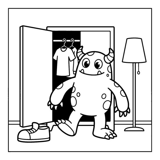 A spotted monster steps out of an open closet past hanging shirts and a floor lamp, bold and easy