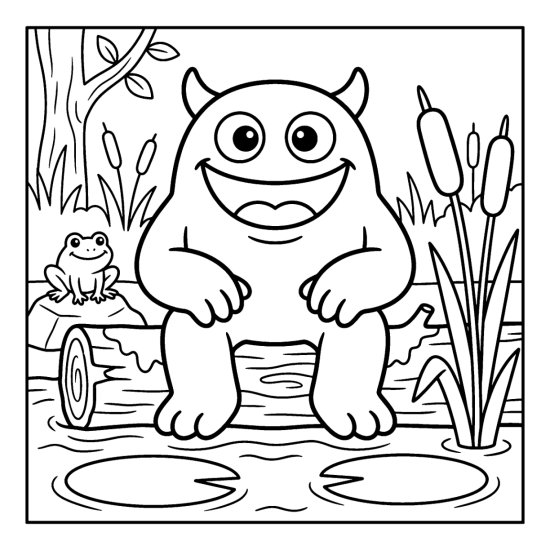 A wide mouthed monster sits on a mossy swamp log with lily pads and a small frog, bold and easy