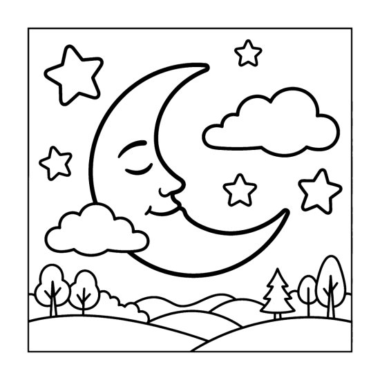 A sleepy crescent moon with a calm face surrounded by plump stars and clouds, coloring page
