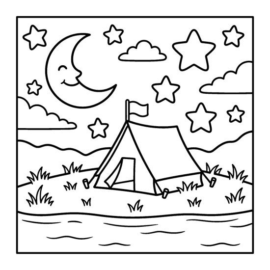 A camping tent with a flag under a crescent moon and many plump stars, coloring page