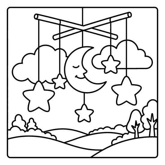 A hanging mobile of a moon and stars on bars and strings above gentle hills, coloring sheet