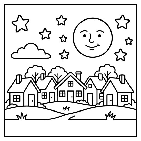 A row of little cottages under a big full moon and a sky of bold stars, coloring page