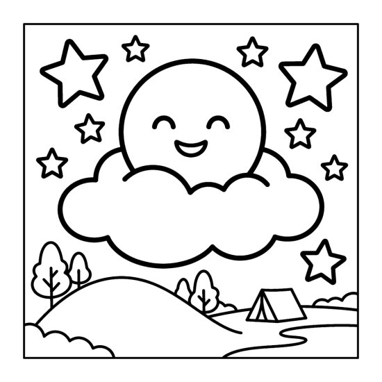 A smiling round moon resting on a plump cloud surrounded by stars, coloring sheet
