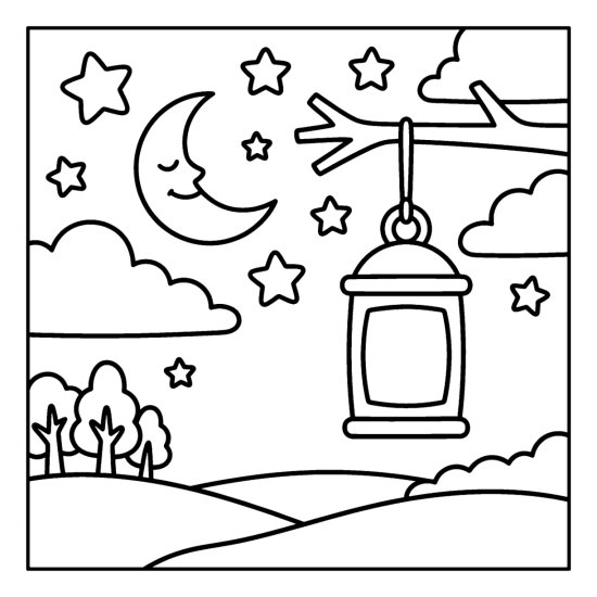 A hanging lantern from a branch under a crescent moon and scattered stars, coloring page