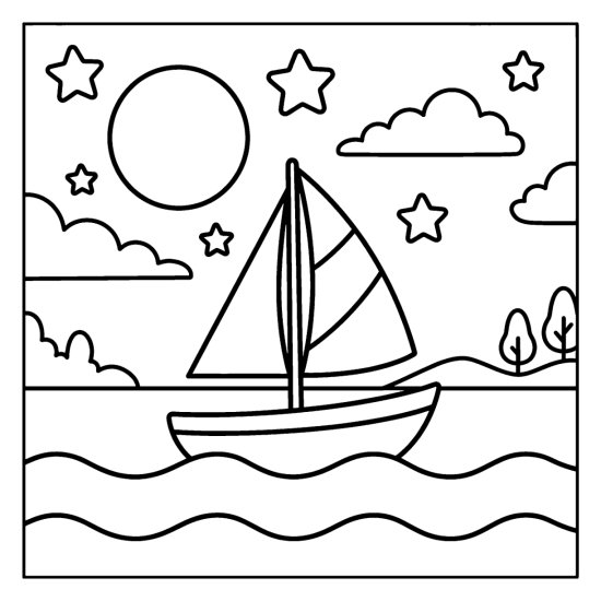 A little sailboat on calm waves beneath a full moon and bold stars, coloring sheet