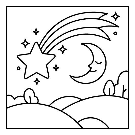 A big wishing star with a long sparkling tail beside a crescent moon, coloring page