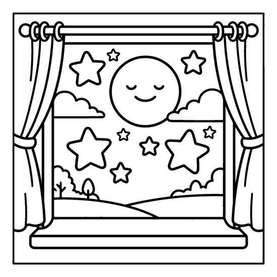 A curtained window framing a moon, clouds and bold stars in the night, coloring sheet