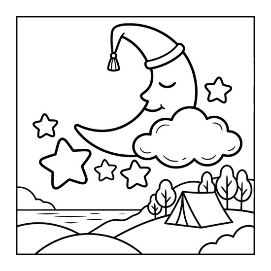 A crescent moon wearing a pointed nightcap among plump stars and a cloud, coloring page