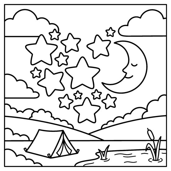 Bold stars arranged in a loose heart beside a small crescent moon, coloring sheet