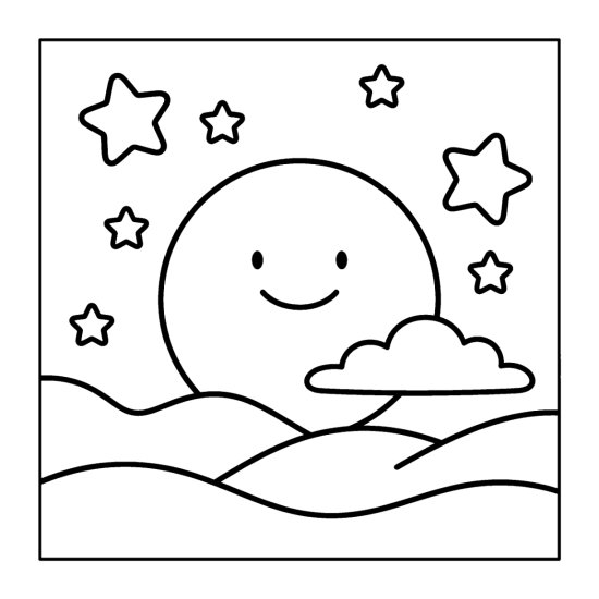 A smiling round moon rising over rolling hills with bold stars and a cloud, coloring sheet