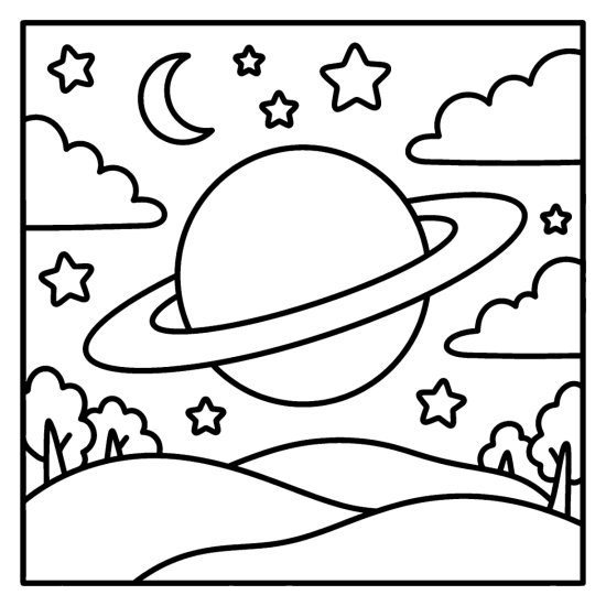 A large ringed planet with a wide flat ring among bold stars and a moon, coloring page
