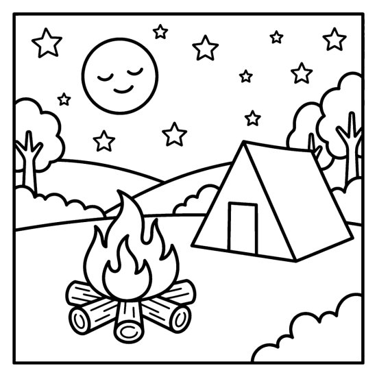 A campfire of stacked logs and a tent under a full moon and stars, coloring sheet