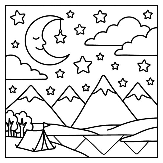 Pointed mountain peaks under a crescent moon and many bold twinkling stars, coloring page