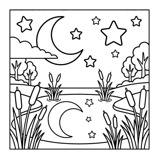 A crescent moon reflected in a still pond ringed with tall cattails and reeds, coloring sheet