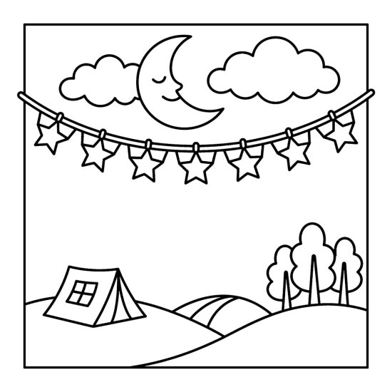 A string of star shaped bunting under a crescent moon and soft clouds, coloring page