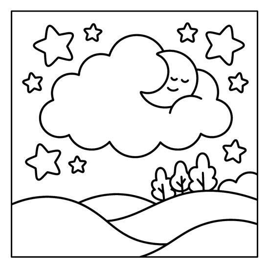 A small moon nestled in a big soft cloud sprinkled with bold stars, coloring sheet