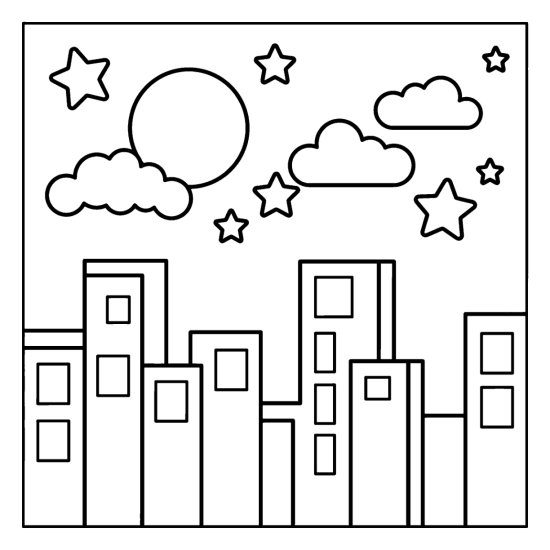 A simple city skyline of plain buildings under a round moon and bold stars, coloring page