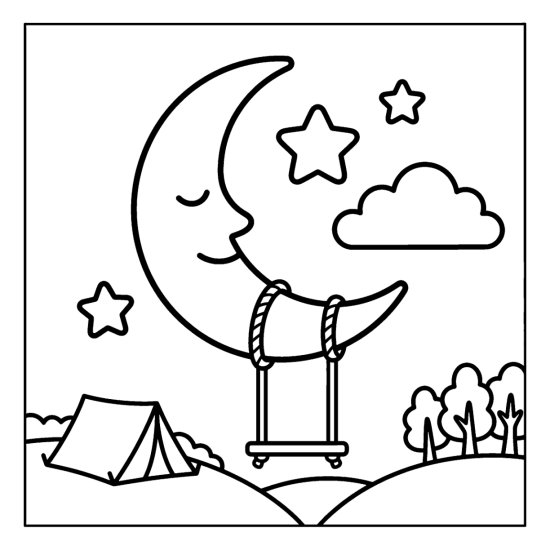A crescent moon with a little plank swing hanging from it among stars, coloring sheet