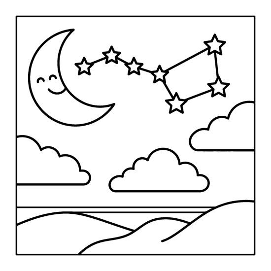 A big dipper of seven stars joined by lines beside a thin crescent moon, coloring page