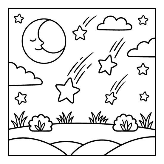 Falling stars with short tails dropping toward a low meadow under a crescent moon, coloring sheet