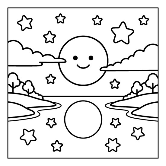 A round moon and stars reflected on a calm lake between low wooded banks, coloring page