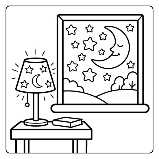 A bedside lamp cut with moon shapes beside a window of stars and a moon, coloring page