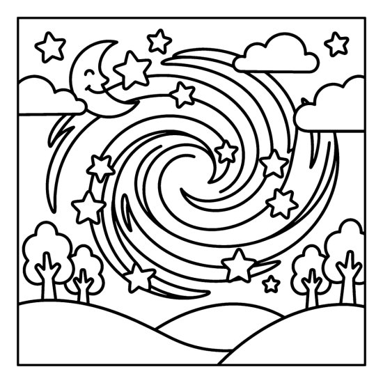 A big spiral galaxy swirl dotted with stars beside a small crescent moon, coloring sheet