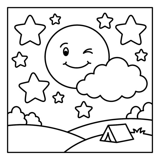 A round moon with a winking face and wide smile surrounded by plump stars, coloring page