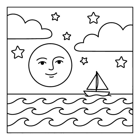 A full moon with a calm face and stars above rolling waves and a sailboat, coloring sheet