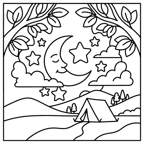 A crescent moon and stars framed by arching leafy branches over a tent, coloring page