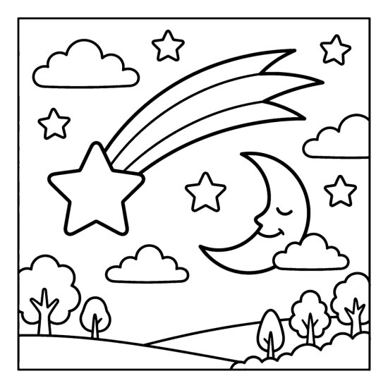 A shooting star with a long curved tail streaking past a crescent moon, coloring sheet