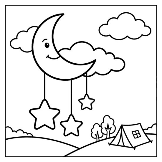 A smiling crescent moon dangling stars on strings above a tent and hills, coloring page
