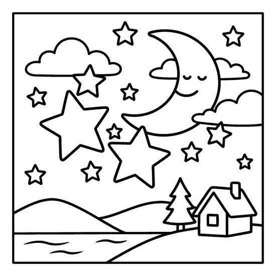 A cluster of large and small five point stars beside a crescent moon and a house, coloring sheet