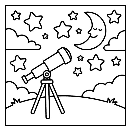 A telescope on a tripod on a hill pointed at a crescent moon and stars, coloring page