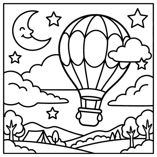 A hot air balloon drifting among bold stars beside a crescent moon and clouds, coloring sheet