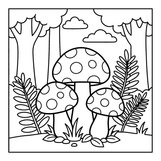 Three spotted toadstools cluster on the forest floor among ferns and grass, coloring page